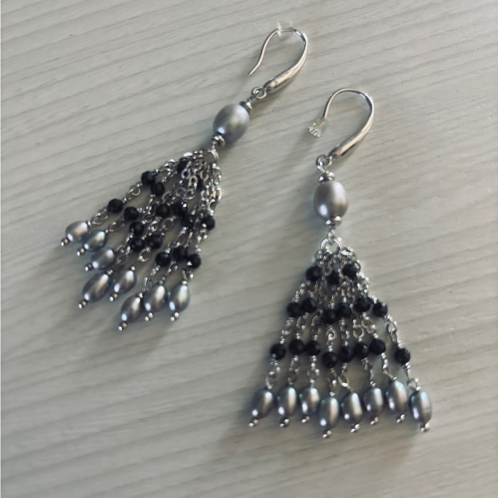 Honora Sterling Silver Freshwater Pearl Black Chandelier Earrings